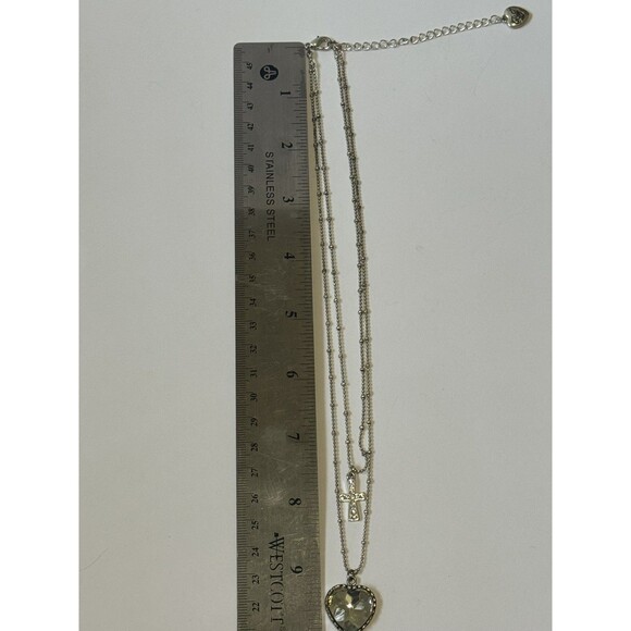 Betsy Johnson Necklace Double Strand Heart Cross Beaded Chain Silver Tone - Picture 5 of 5